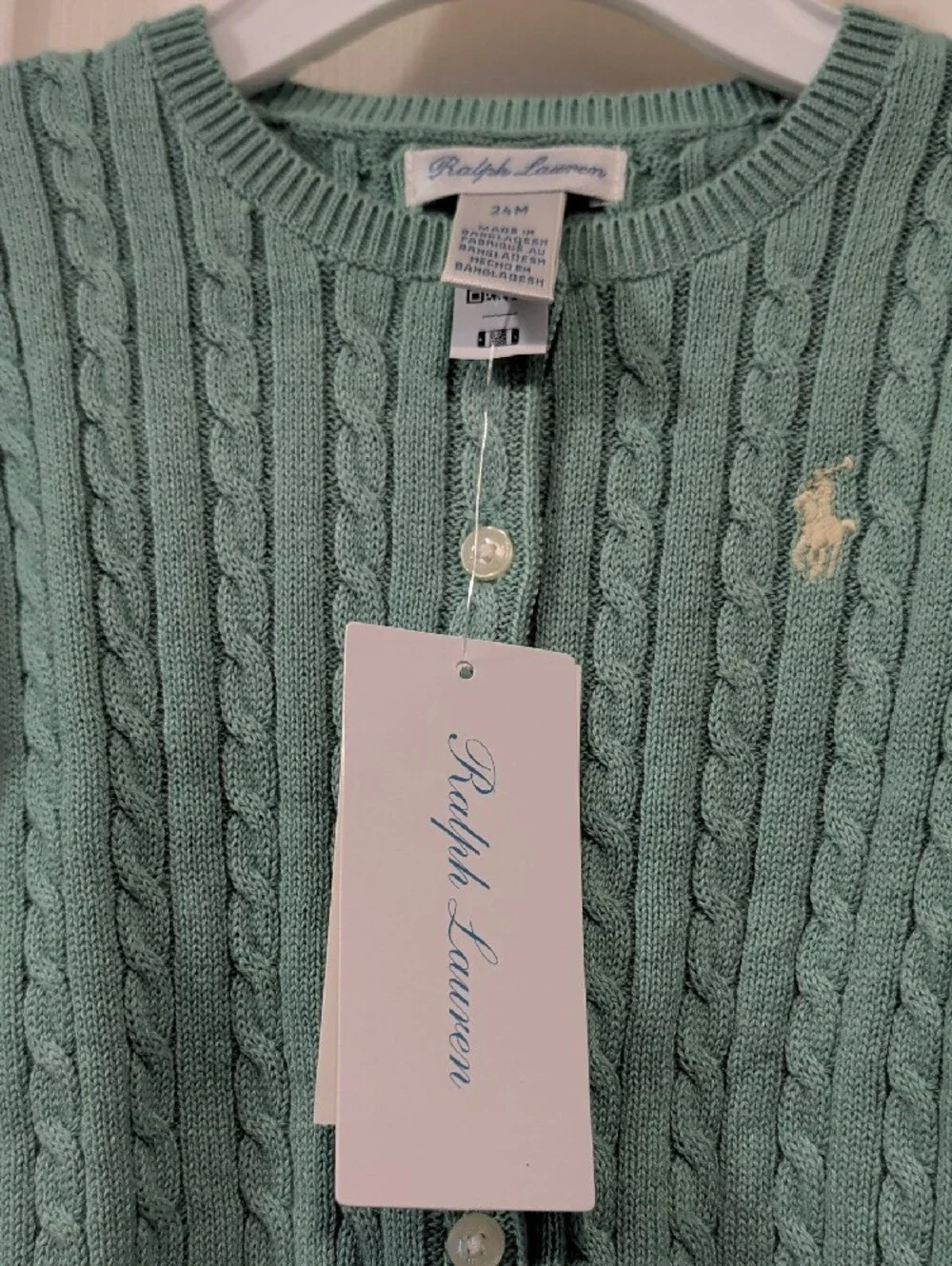 Ralph Lauren Celadon Mini-Cable 100% Cotton Cardigan New with Tags